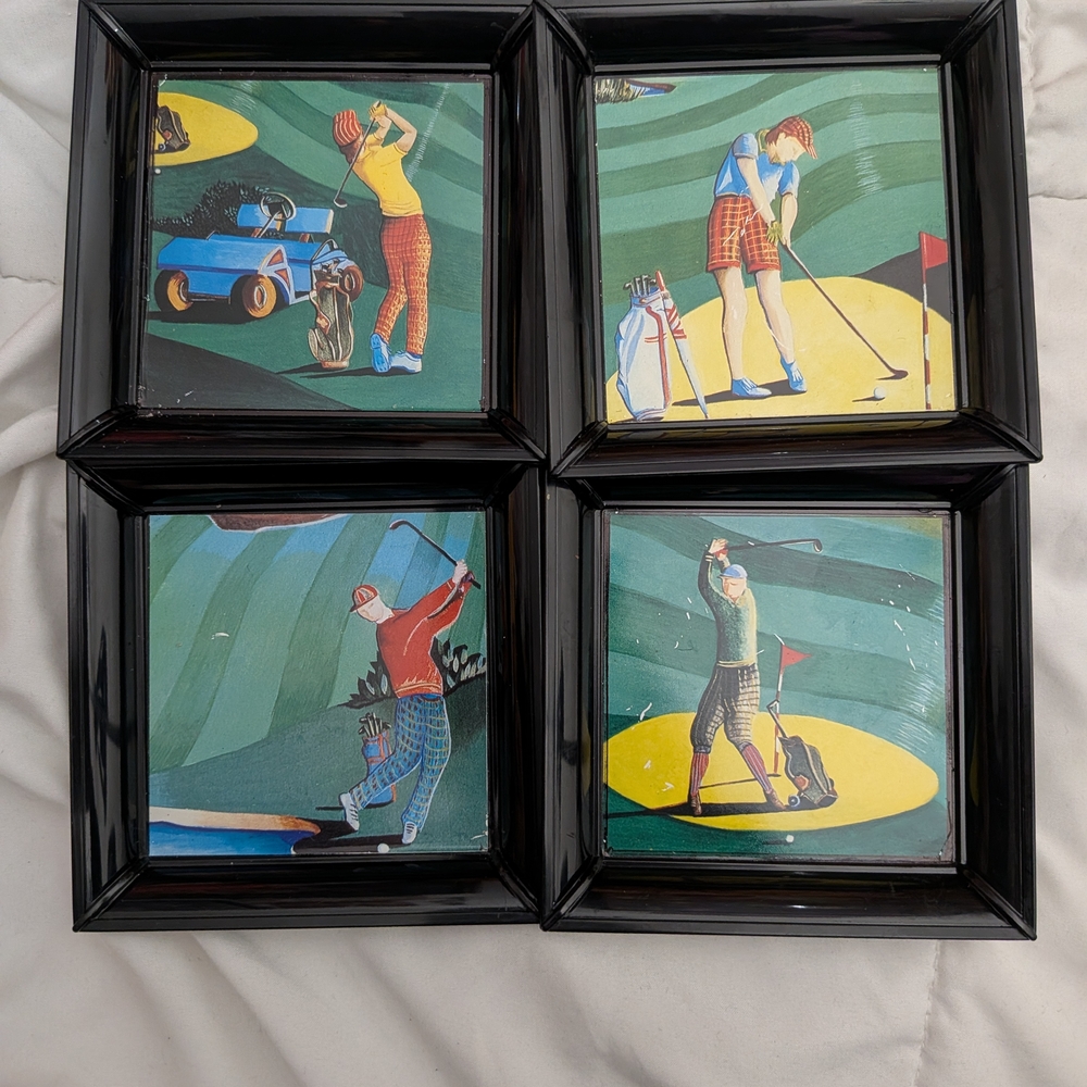 Framed Golf Course Art Tile Set Of 4 - Black Frames, Multicolor Turnwald Collect